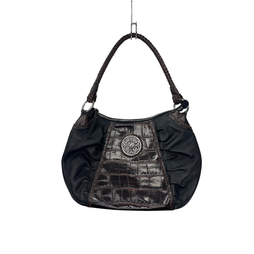 Brighton Hobo Shoulder Bag Black Brown Croc Embossed Leather Silver Charm